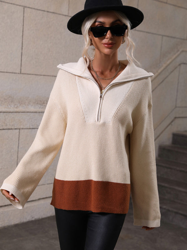 Pullover Color Block Knit Long Sleeve Zippered Sweater