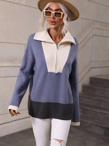 Pullover Color Block Knit Long Sleeve Zippered Sweater