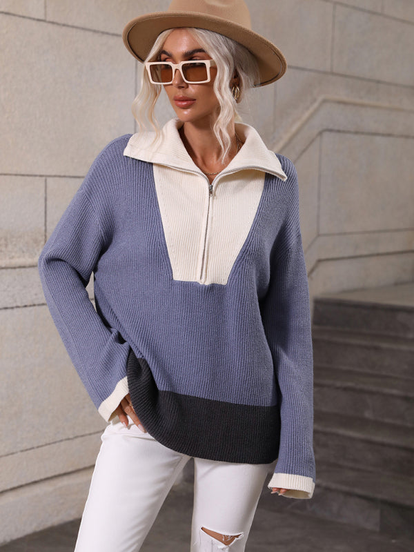 Pullover Color Block Knit Long Sleeve Zippered Sweater