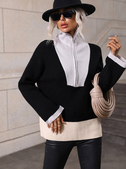 Pullover Color Block Knit Long Sleeve Zippered Sweater