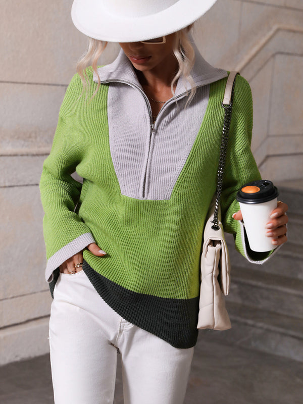 Pullover Color Block Knit Long Sleeve Zippered Sweater