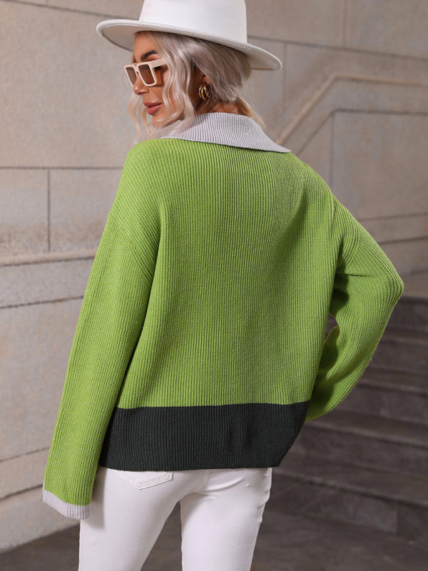 Pullover Color Block Knit Long Sleeve Zippered Sweater