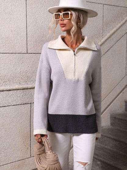 Pullover Color Block Knit Long Sleeve Zippered Sweater