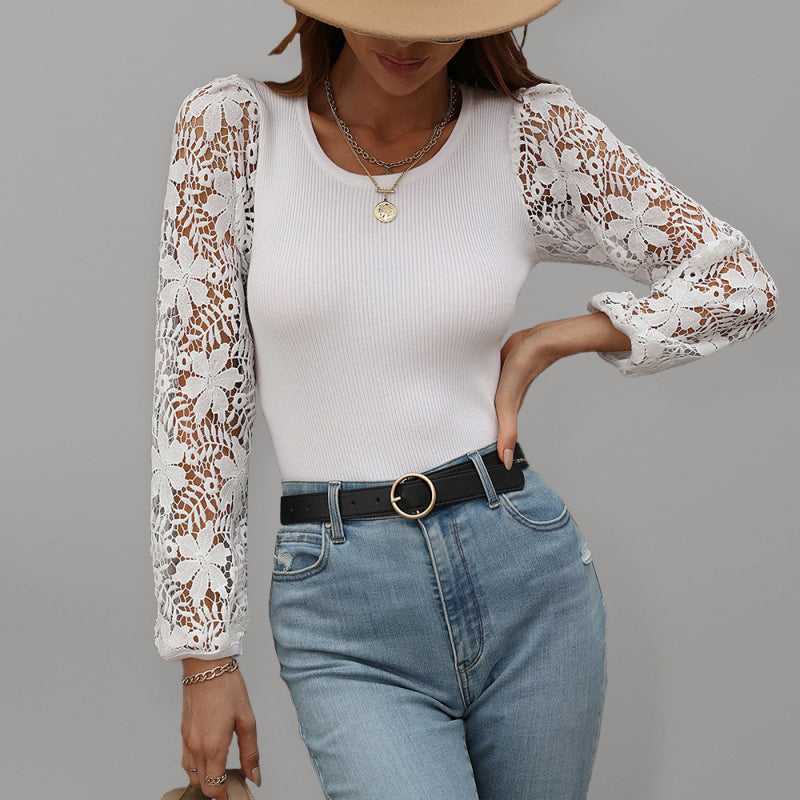 Women Floral Lace Sleeve Knit Top