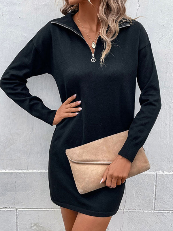 Women Fashion Casual Zip-Up Long Sleeve Dress