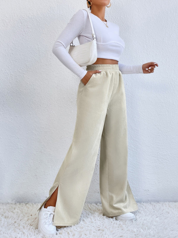 Women's solid color corduroy paneled slit wide-leg trousers