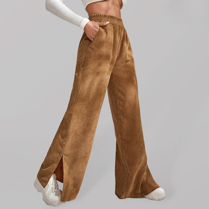 Women's solid color corduroy paneled slit wide-leg trousers