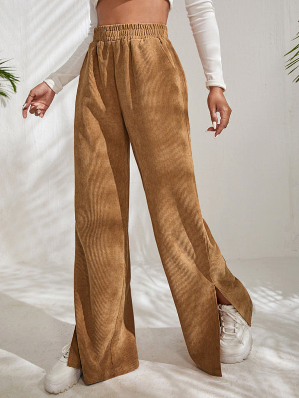 Women's solid color corduroy paneled slit wide-leg trousers