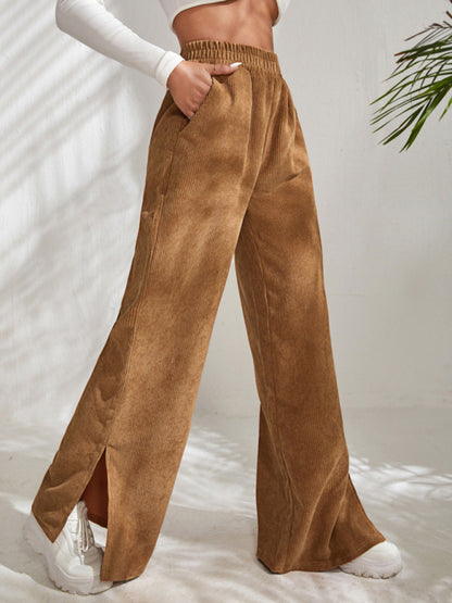 Women's solid color corduroy paneled slit wide-leg trousers