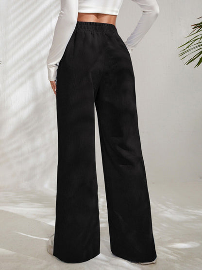 Women's solid color corduroy paneled slit wide-leg trousers