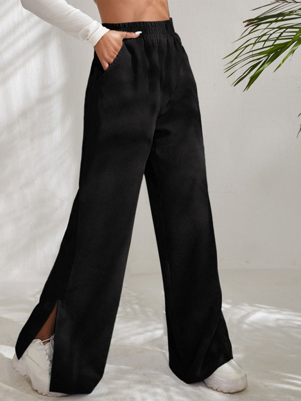 Women's solid color corduroy paneled slit wide-leg trousers