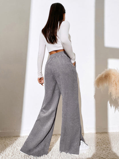 Women's solid color corduroy paneled slit wide-leg trousers