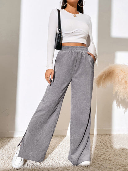 Women's solid color corduroy paneled slit wide-leg trousers