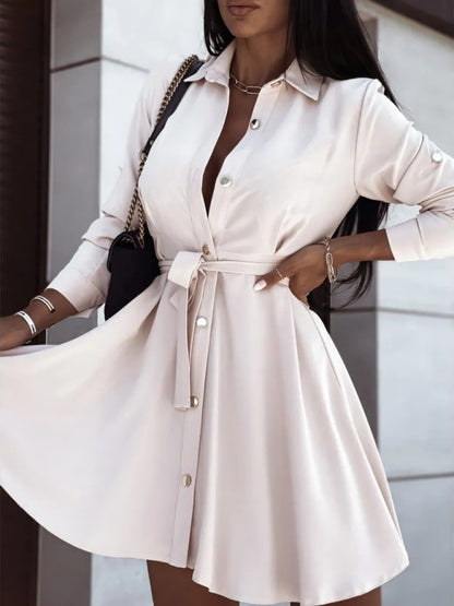 Women's solid lapel button tie dress