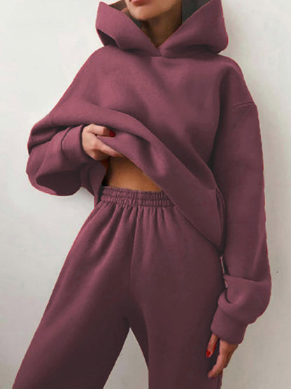 Women's solid color casual fashion trousers thickened long-sleeved hooded  set