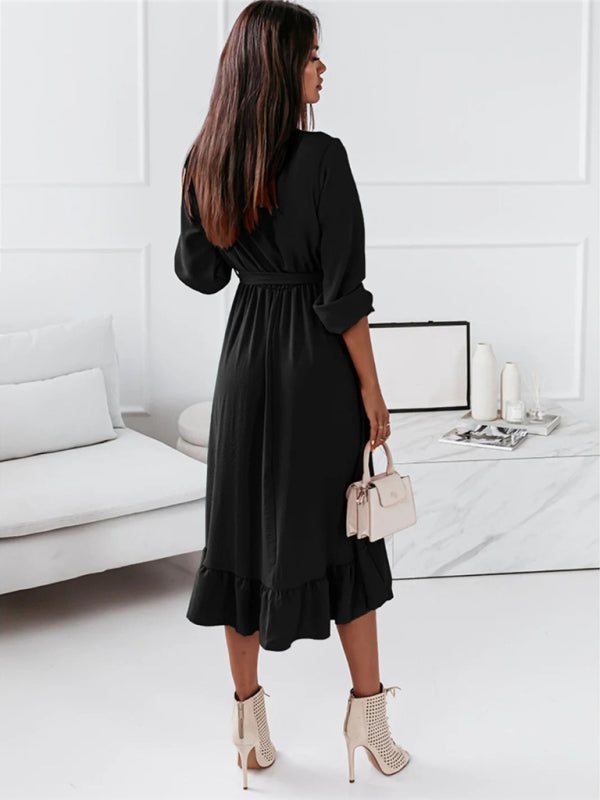 Women's Solid Ruffle Elegant Long Sleeve Dress