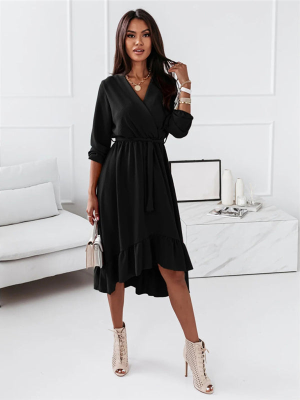 Women's Solid Ruffle Elegant Long Sleeve Dress