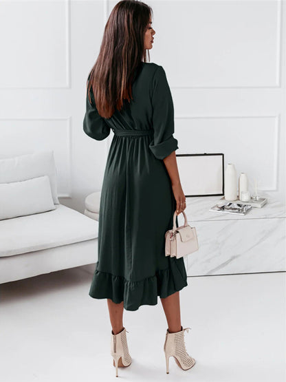 Women's Solid Ruffle Elegant Long Sleeve Dress