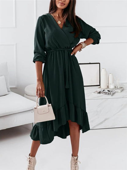 Women's Solid Ruffle Elegant Long Sleeve Dress