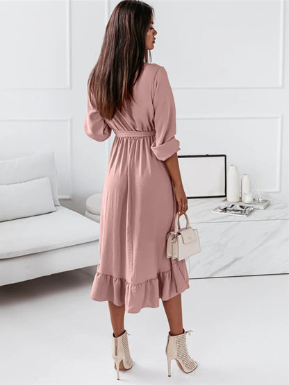 Women's Solid Ruffle Elegant Long Sleeve Dress