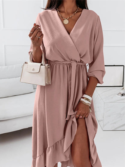 Women's Solid Ruffle Elegant Long Sleeve Dress