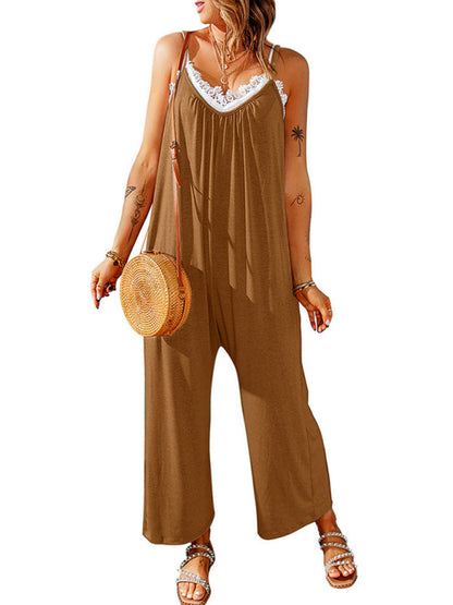 Women's casual suspenders jumpsuit loose simple wide-leg jumpsuit