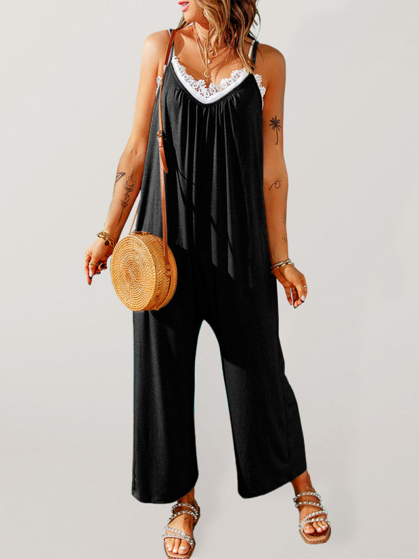 Women's casual suspenders jumpsuit loose simple wide-leg jumpsuit