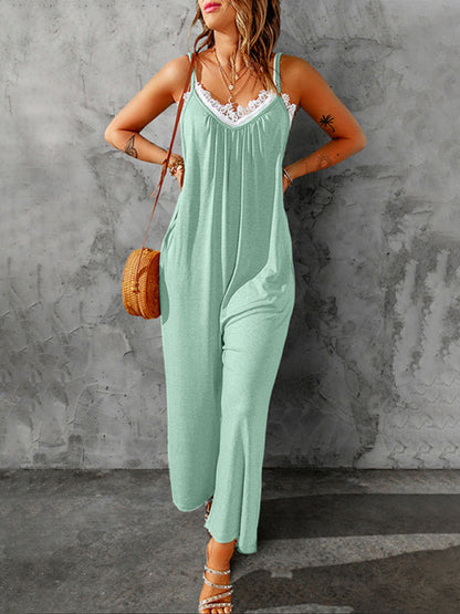 Women's casual suspenders jumpsuit loose simple wide-leg jumpsuit