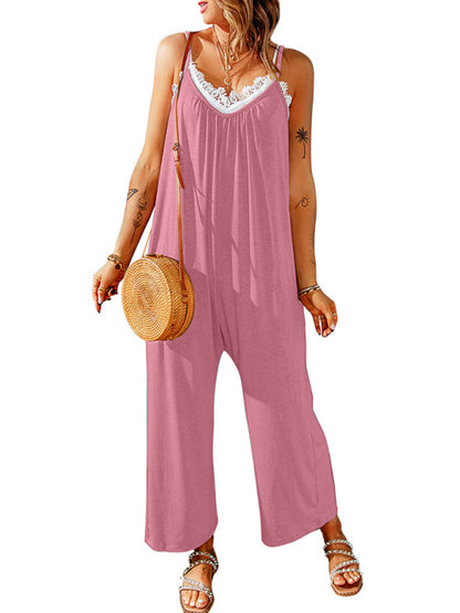 Women's casual suspenders jumpsuit loose simple wide-leg jumpsuit