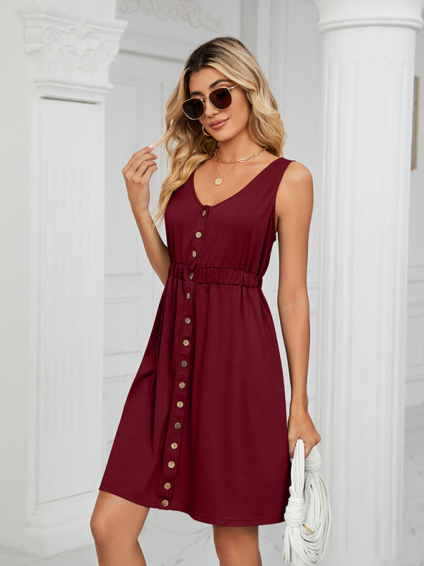 Women's Knitted Sleeveless Button Pocket Round Neck Slit Waist Dress