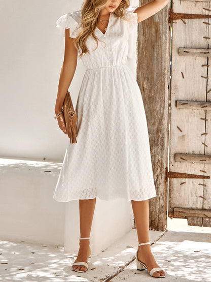 Solid Color V-neck Waist Fresh Wind Dress