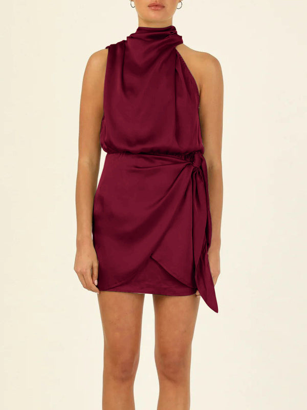 Women's woven halter neck high-quality satin strap slim-fit celebrity mini dress