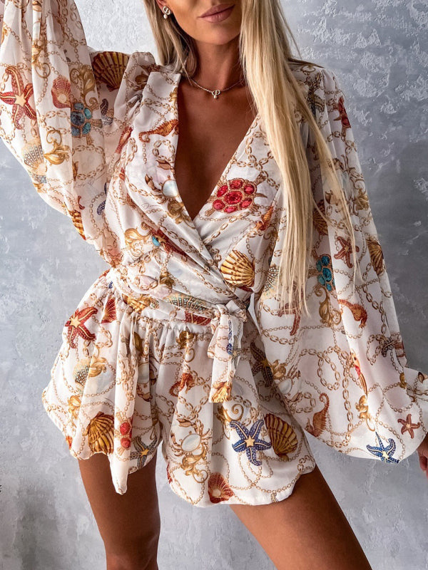 Women's woven floral long-sleeved shorts V-neck tropical rainforest jumpsuit