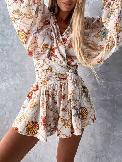 Women's woven floral long-sleeved shorts V-neck tropical rainforest jumpsuit