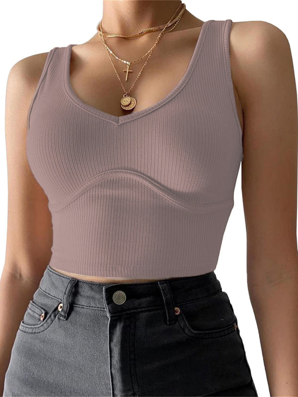 Débardeur en tricot extensible de couleur unie avec coutures et col en V pour femme 