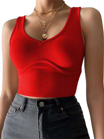 Débardeur en tricot extensible de couleur unie avec coutures et col en V pour femme 