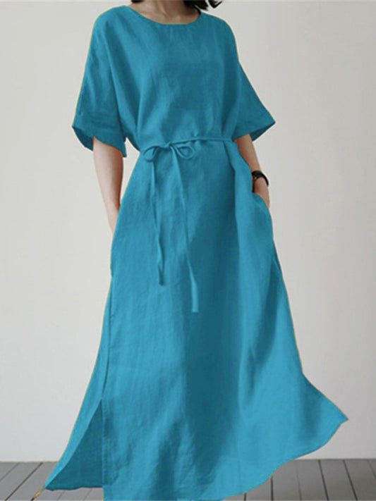 Women's Cotton Linen Loose Solid Color Short Sleeve Belt Slit Dress