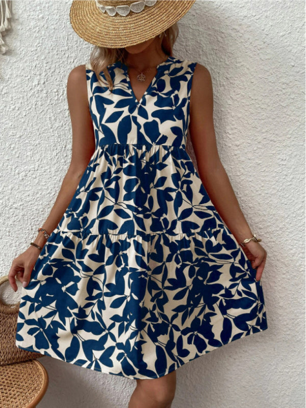 Women's Floral Print V Neck Pleated Print Dress