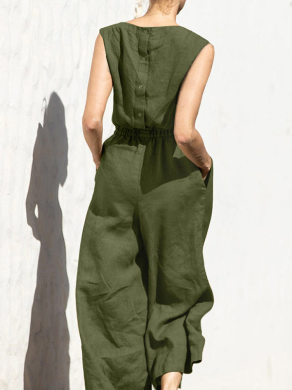 Solid color high waist sleeveless trousers women's fashion casual loose-fitting temperament jumpsuit