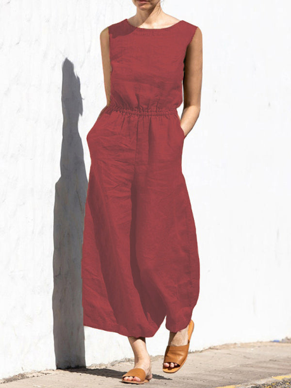 Solid color high waist sleeveless trousers women's fashion casual loose-fitting temperament jumpsuit