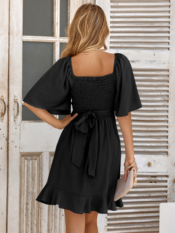 V-neck solid color waist ruffled summer dress women