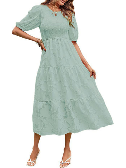 Women's Solid Color Jacquard Chiffon Round Neck Pleated Dress