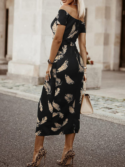 Women's printed one word collar tulip skirt midi skirt