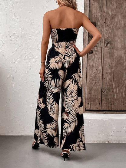 New fashion women's plant leaf print tube top jumpsuit