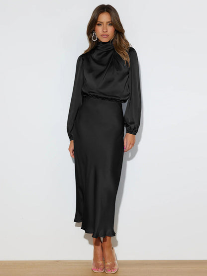 Elegant elegant women's satin long sleeve loose dress