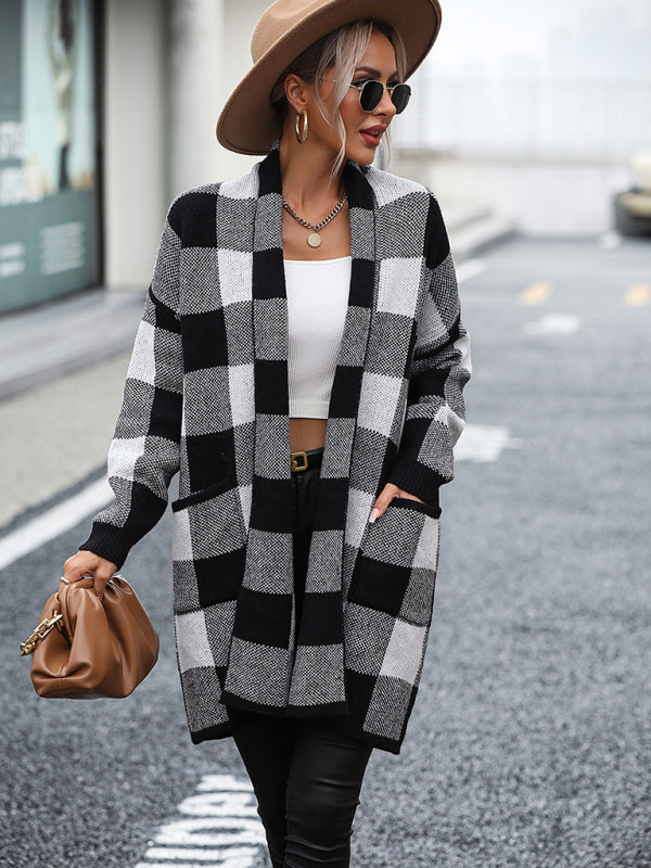 Women's Coat Loose Plaid Color Block Knit Cardigan Fashion Sweater