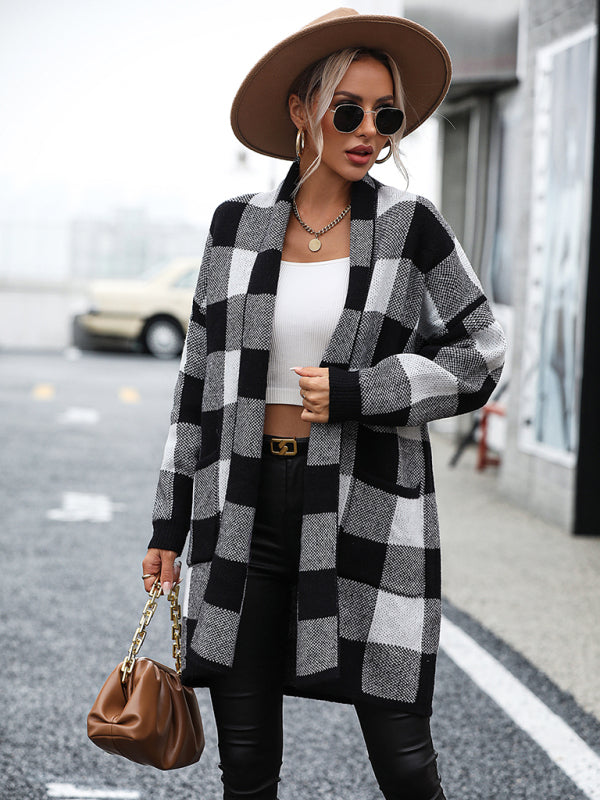 Women's Coat Loose Plaid Color Block Knit Cardigan Fashion Sweater