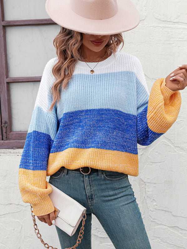 Women's Color Block Crew Neck Knit Fashion Sweater