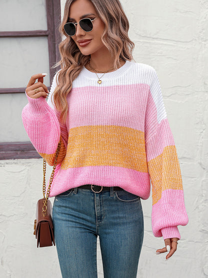 Women's Color Block Crew Neck Knit Fashion Sweater