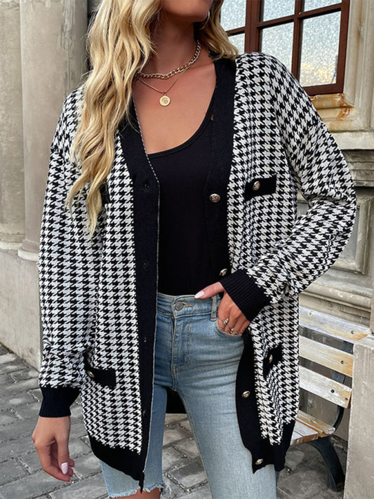 Women's Fashion Coat Long Sleeve Houndstooth Sweater Cardigan Mid Length